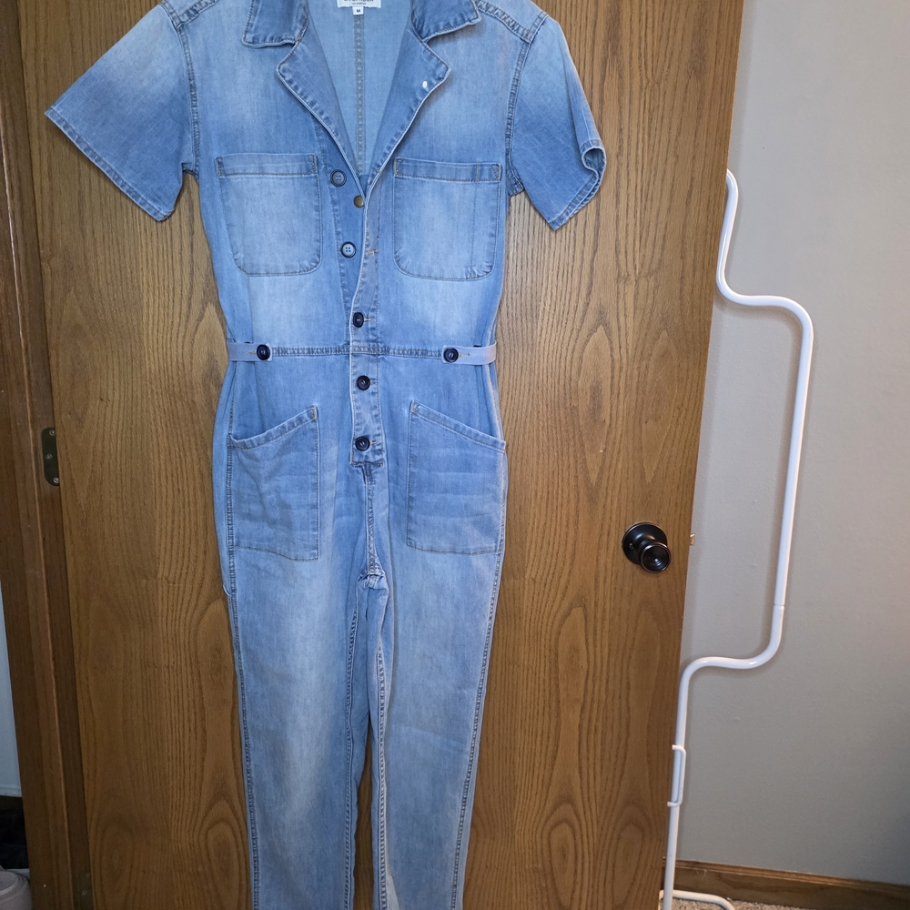 Light Wash Denim Short-Sleeve Utility Jumpsuit